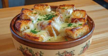 soupe à l’oignon gratinée fromage croustillant baguette traditionnelle