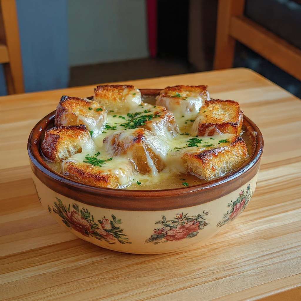 soupe à l’oignon gratinée fromage croustillant baguette traditionnelle