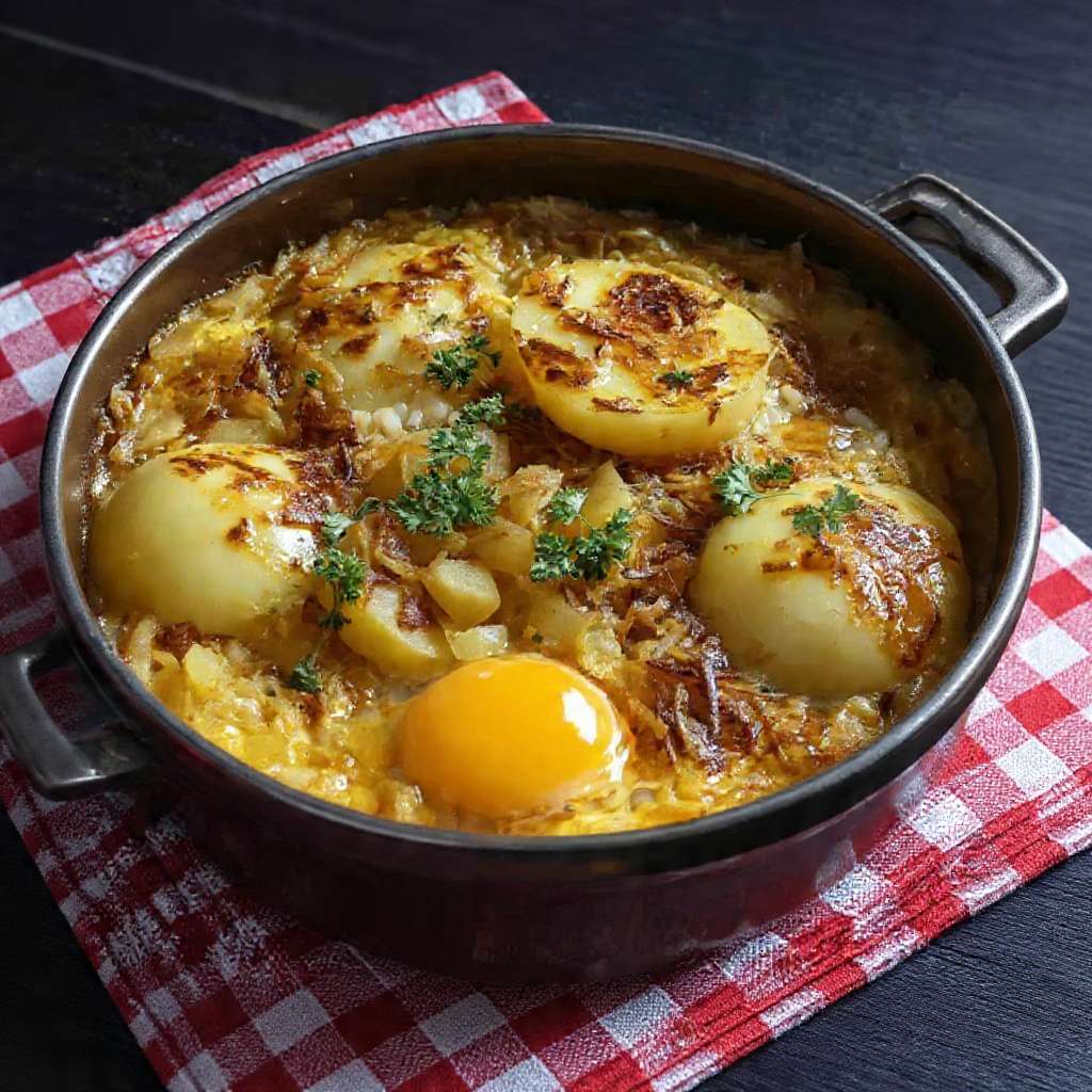 Poêlée pommes de terre oignons oeufs coulants recette facile