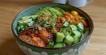 Bowl saumon laqué quinoa avocat mangue legumes croquants