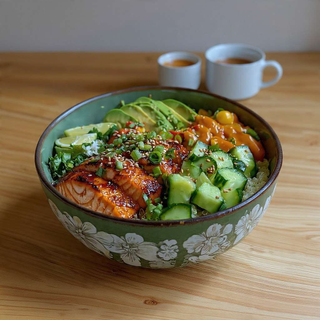 Bowl saumon laqué quinoa avocat mangue legumes croquants