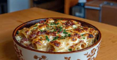 Gratin de rigatoni savoyard au reblochon lardons creme gratine