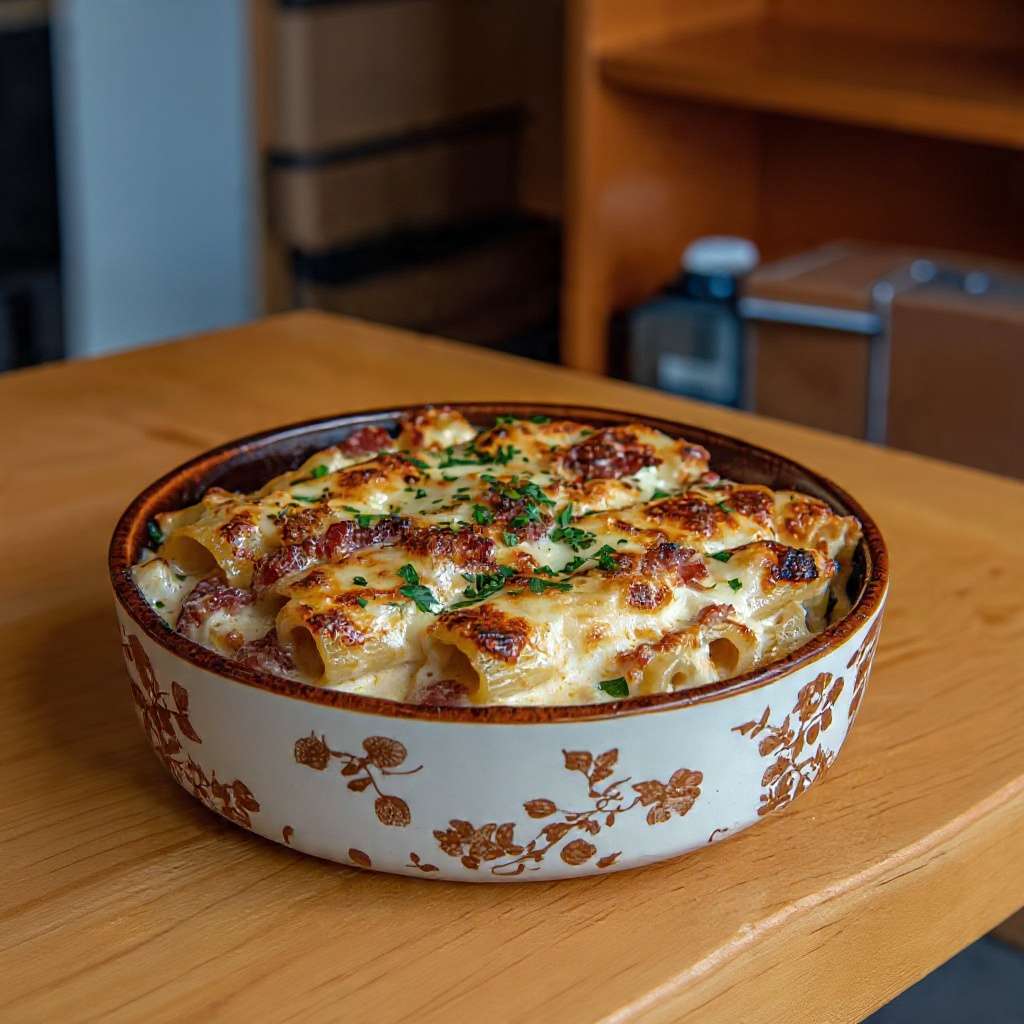 Gratin de rigatoni savoyard au reblochon lardons creme gratine