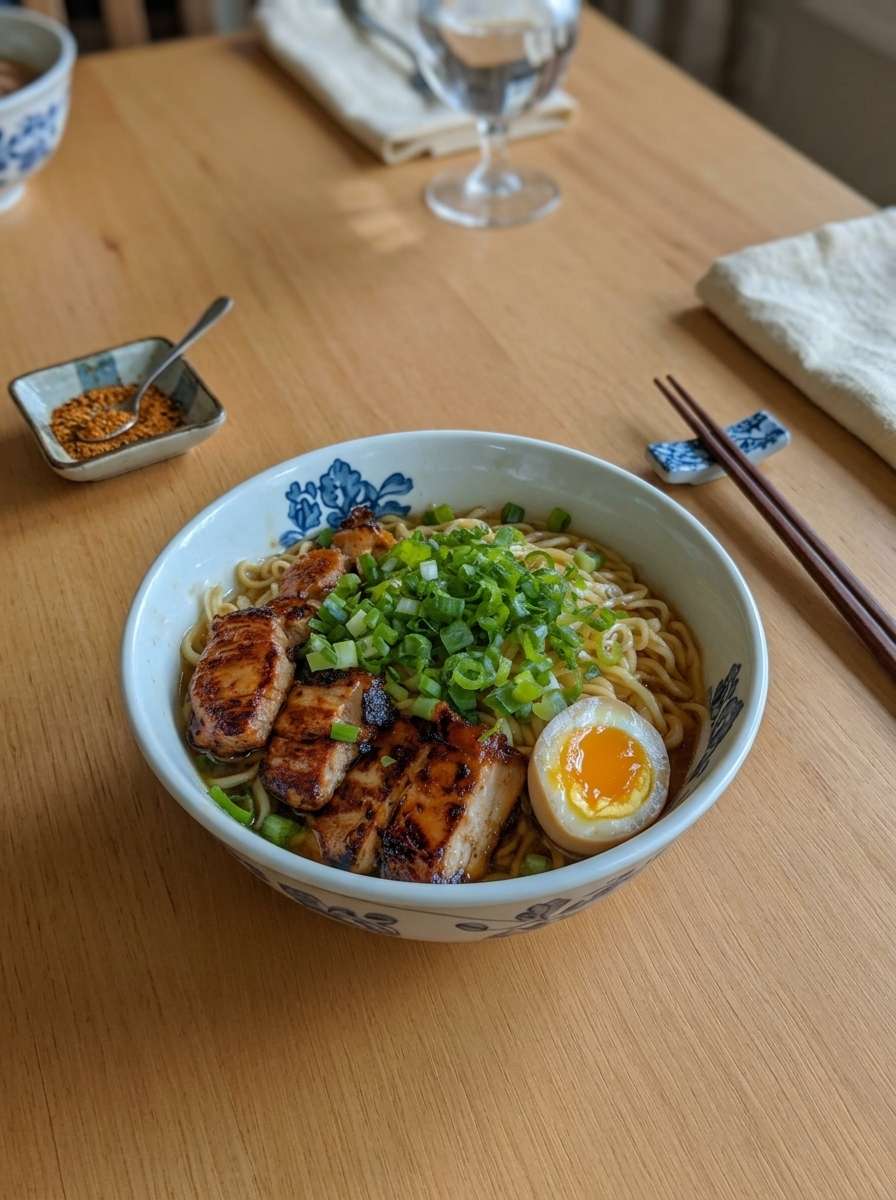 ramen poulet grillé oeuf mollet oignons verts bouillon maison