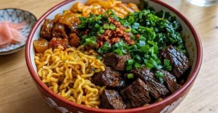 ramen bœuf sauté legumes bouillon nouilles maison