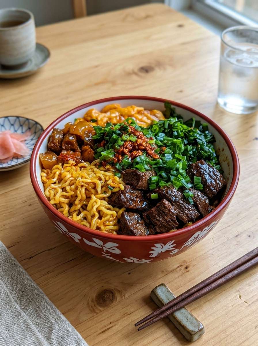 ramen bœuf sauté legumes bouillon nouilles maison