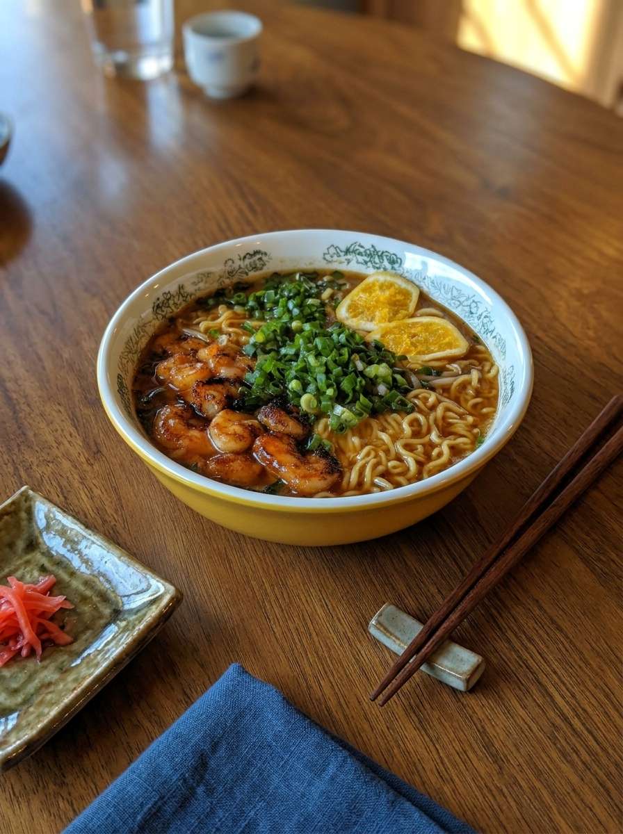 Ramen crevettes grillées bouillon nouilles citron ciboule
