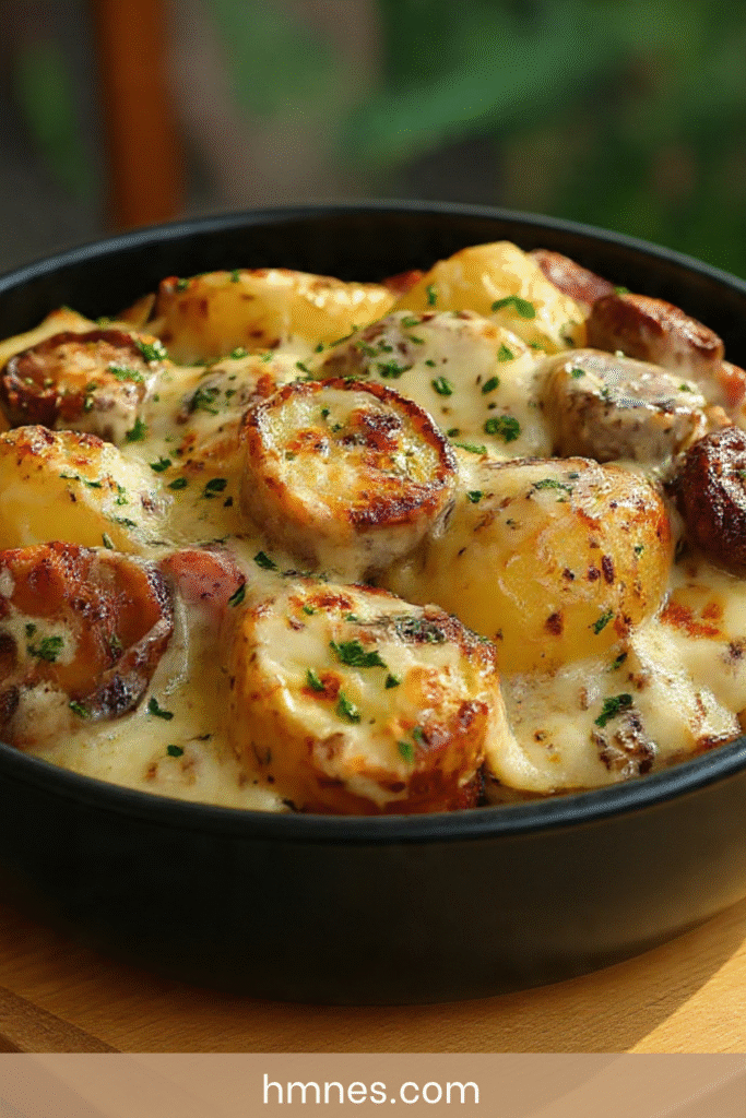 Tartiflette poêlée pommes de terre saucisse fromage creme