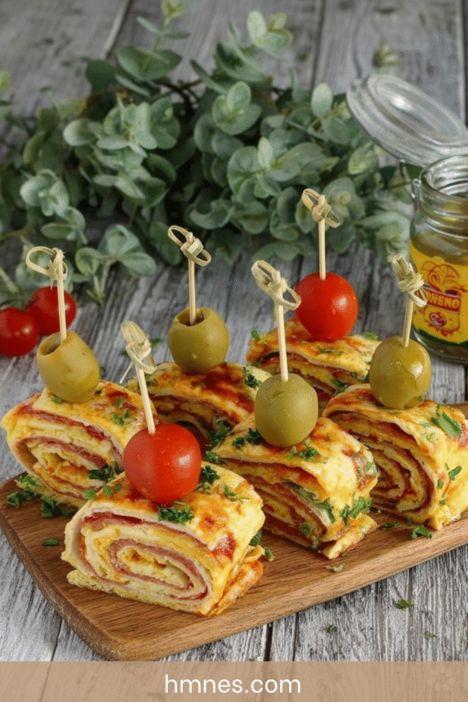Roulés d’omelette pesto jambon fromage aperitif