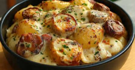 Tartiflette poêlée pommes de terre saucisse fromage creme
