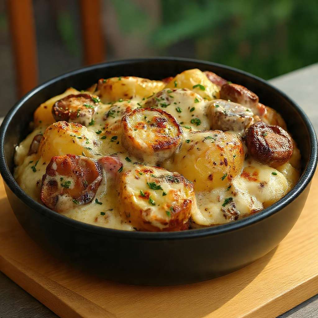 Tartiflette poêlée pommes de terre saucisse fromage creme