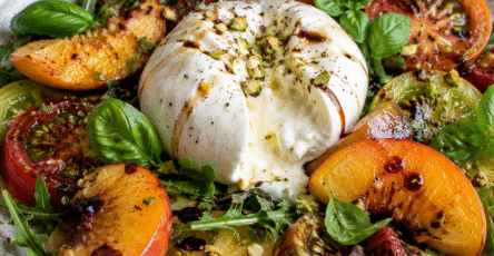 Salade burrata pêches avec tomates anciennes, basilic frais, huile d’olive et crème de balsamique