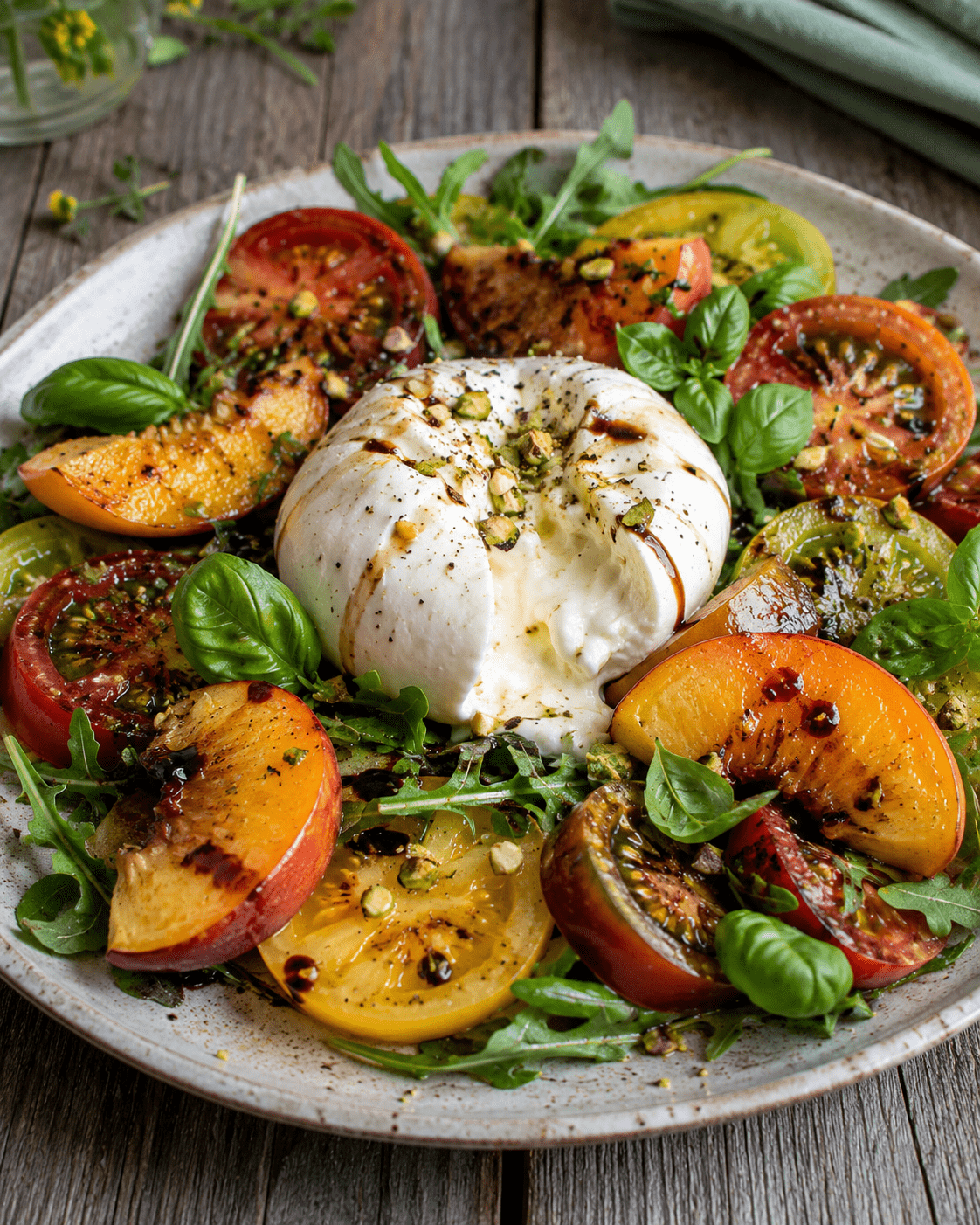 Salade burrata pêches avec tomates anciennes, basilic frais, huile d’olive et crème de balsamique