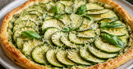 Tarte courgette ricotta avec pesto basilic, rondelles de courgettes fines, parmesan et pâte feuilletée dorée
