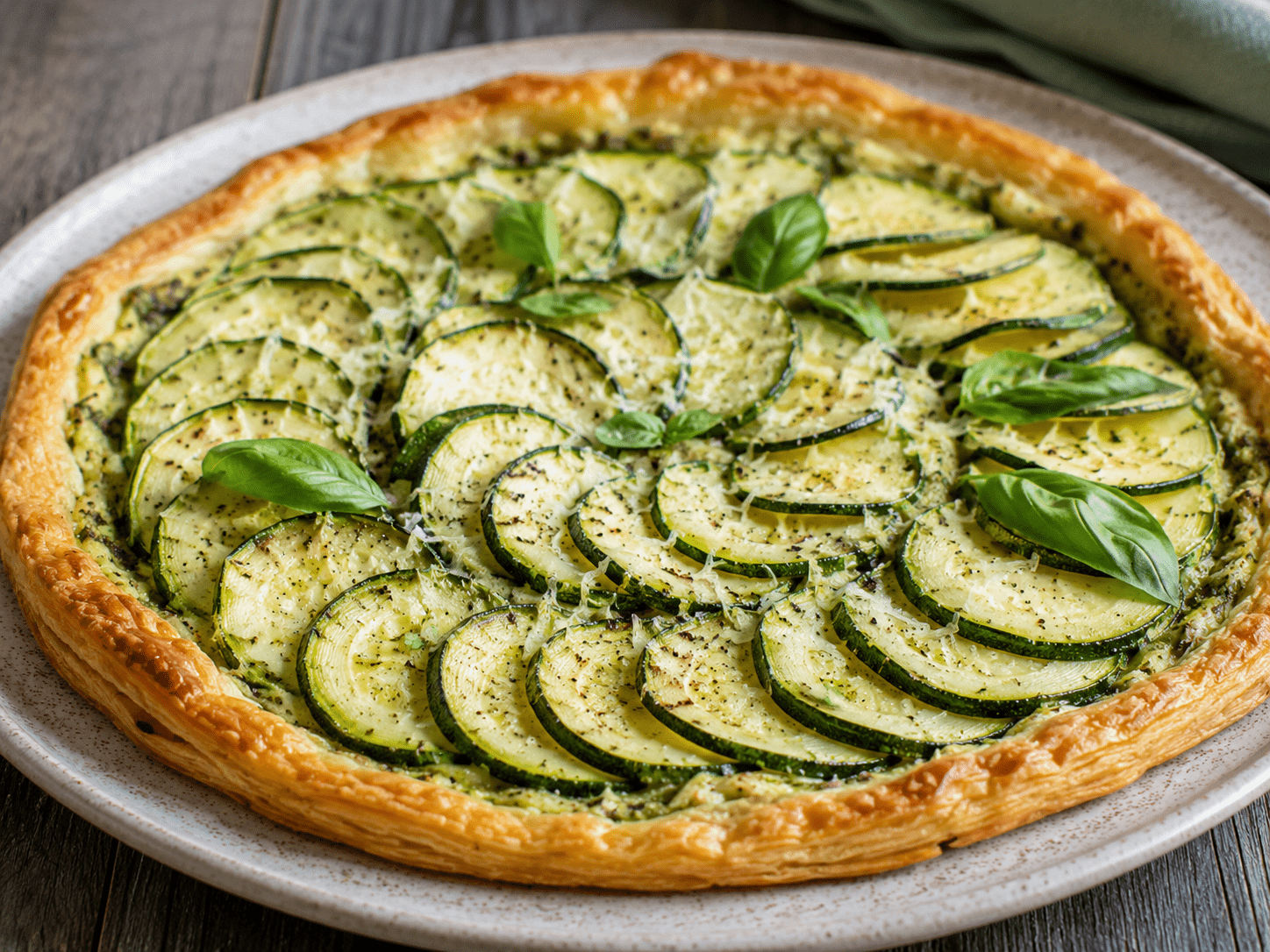 Tarte courgette ricotta avec pesto basilic, rondelles de courgettes fines, parmesan et pâte feuilletée dorée
