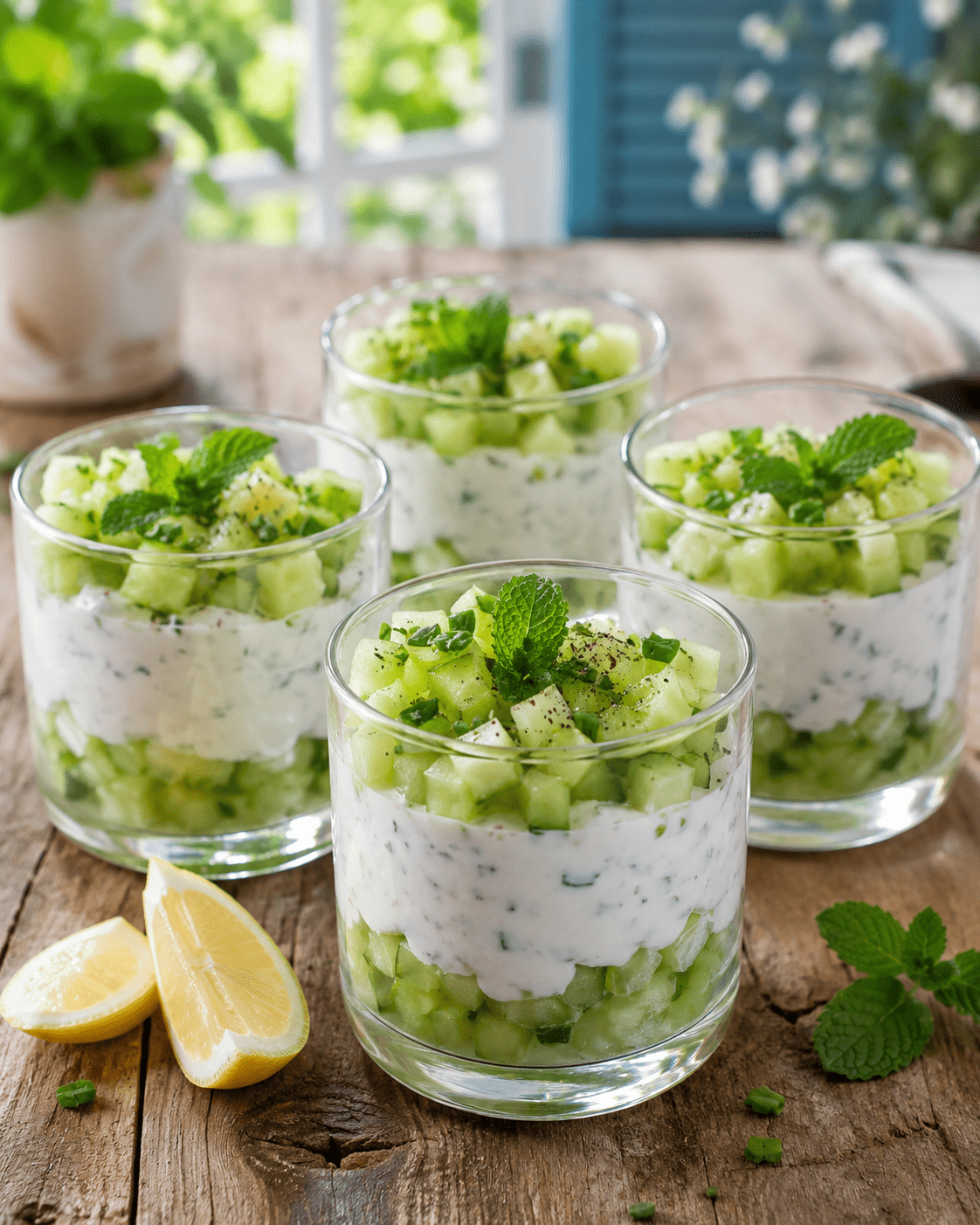 Verrine concombre menthe avec fromage frais, citron, ciboulette et dés de concombre frais
