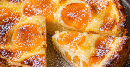 Flan pâtissier aux abricots avec pâte dorée, crème vanillée fondante et morceaux d’abricots frais