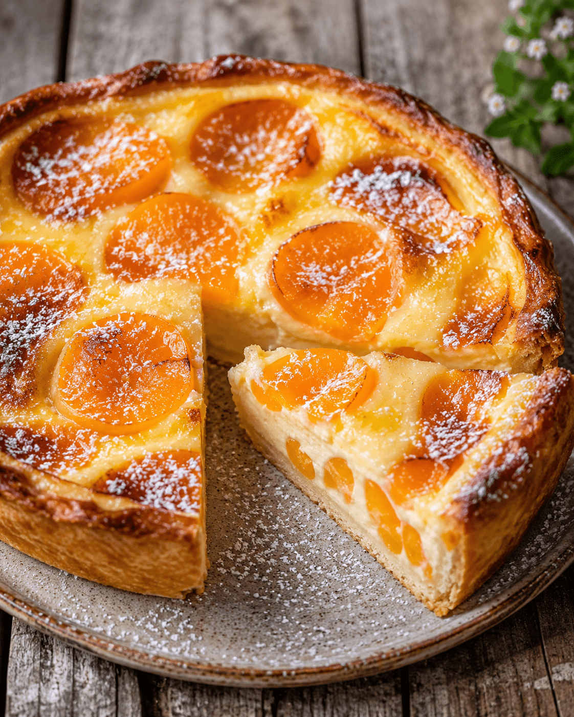 Flan pâtissier aux abricots avec pâte dorée, crème vanillée fondante et morceaux d’abricots frais
