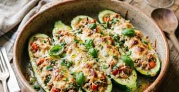 Courgettes farcies au thon gratinées avec tomate, fromage fondu, herbes fraîches et plat rustique