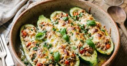 Courgettes farcies au thon gratinées avec tomate, fromage fondu, herbes fraîches et plat rustique