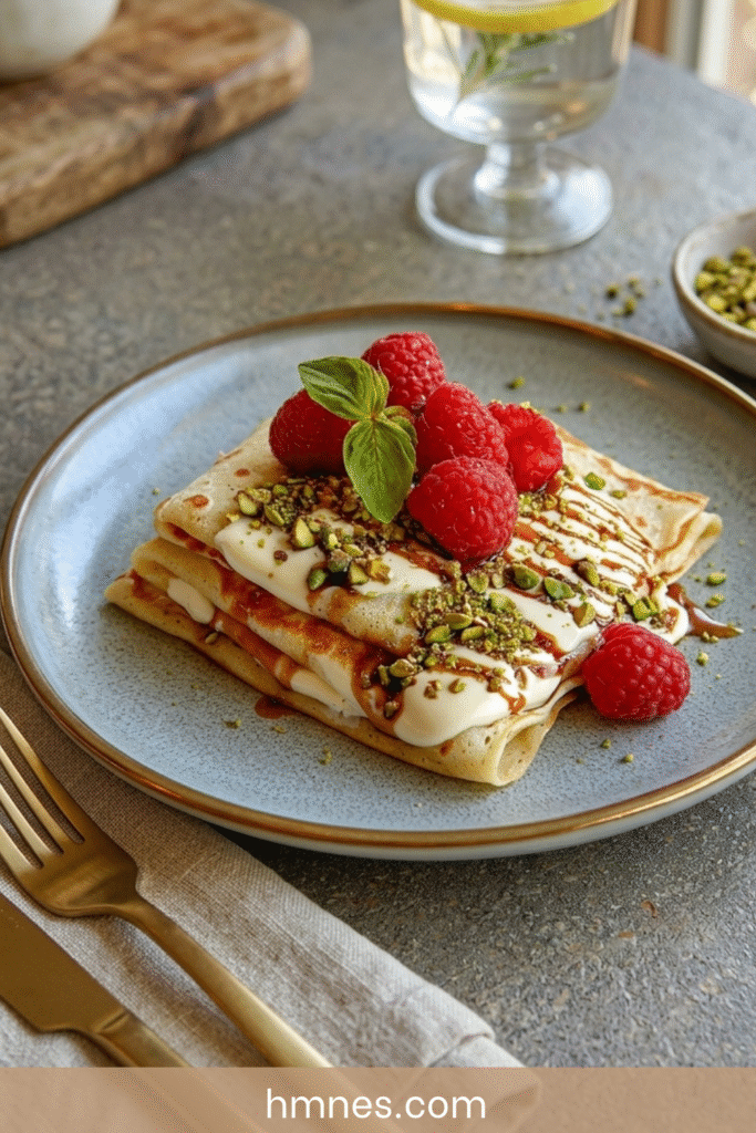 Crêpes pistache framboise garnies de crème blanche, caramel au beurre salé, framboises fraîches et pistaches concassées