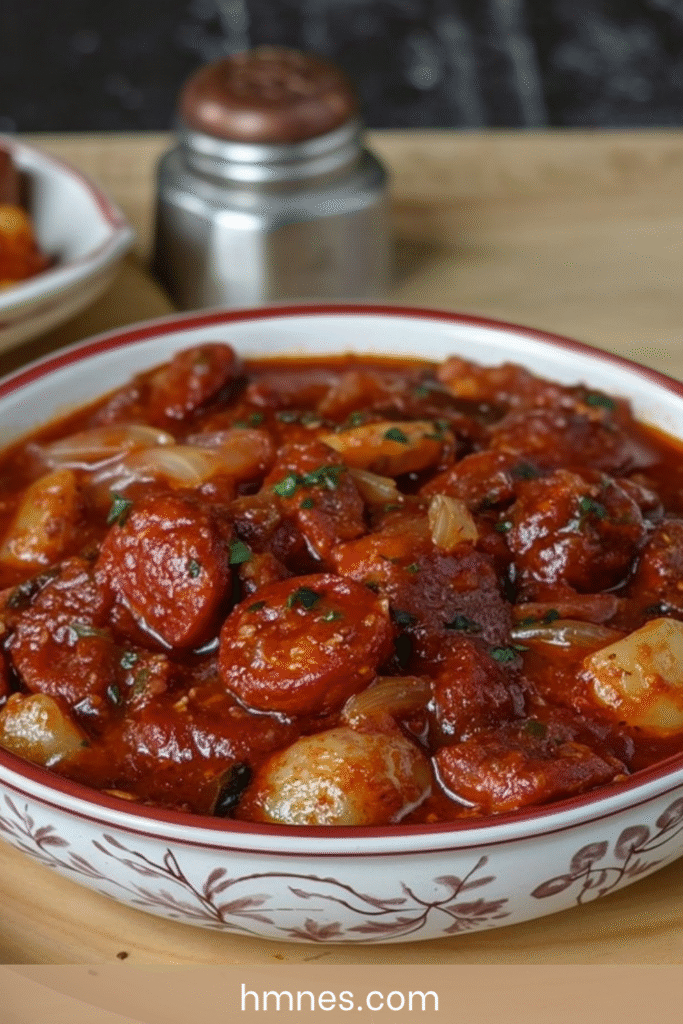 Ragoût chorizo pommes de terre tomate mijoté en cocotte avec sauce épaisse et persil frais