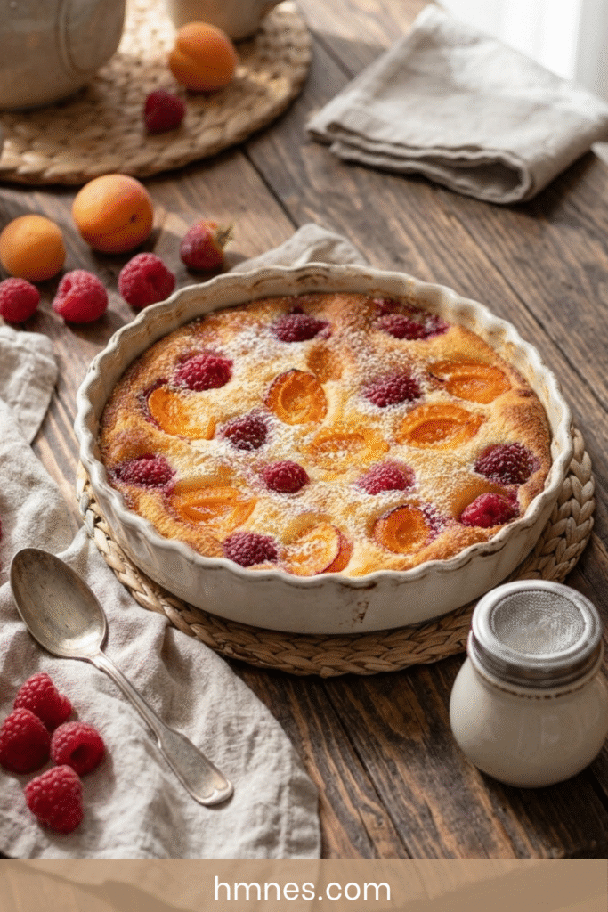 Clafoutis abricots framboises moelleux avec abricots dorés, framboises fraîches et sucre glace