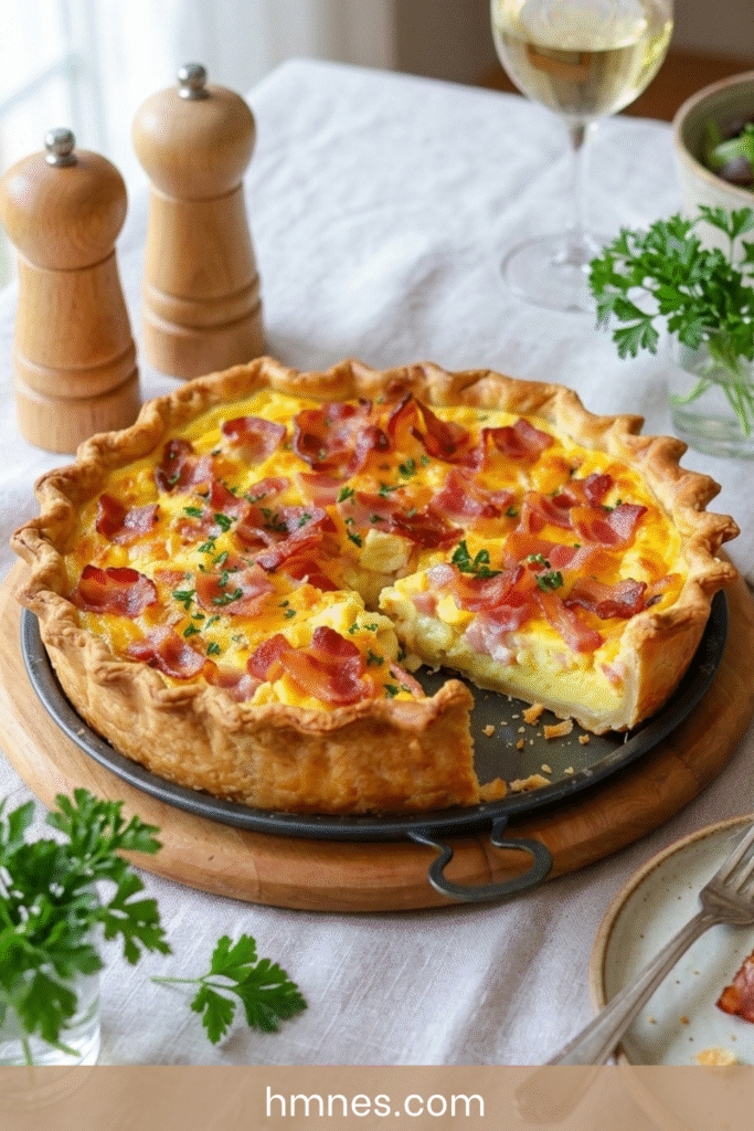 Quiche économique façon lardons dorée au four avec pâte brisée et appareil léger au lait