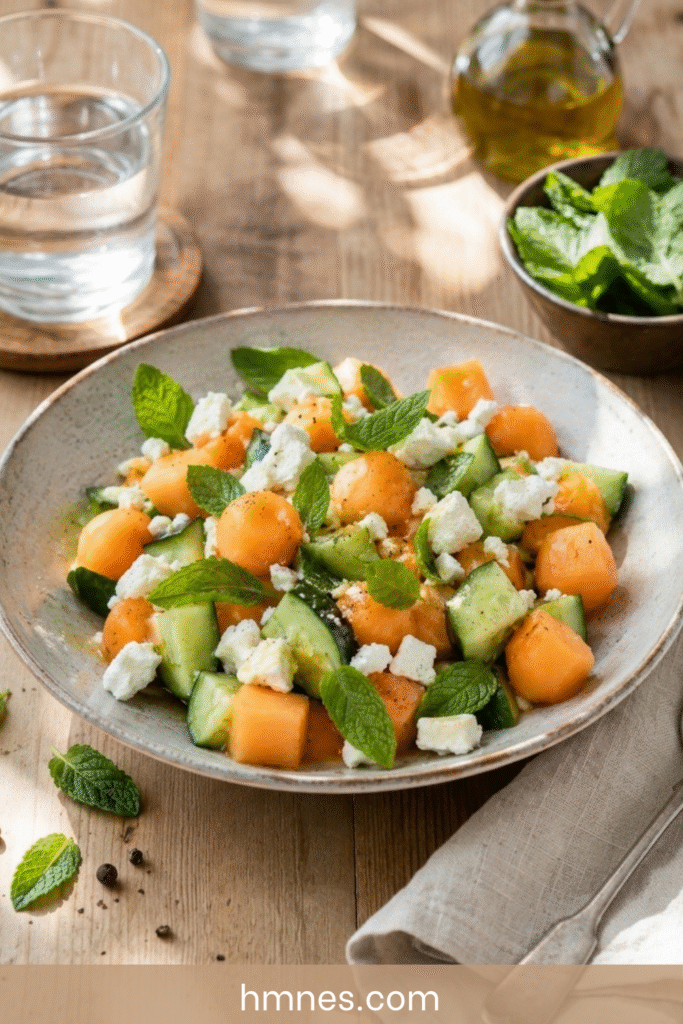 Salade melon concombre avec feta, menthe fraîche, citron, huile d’olive et morceaux de melon bien juteux