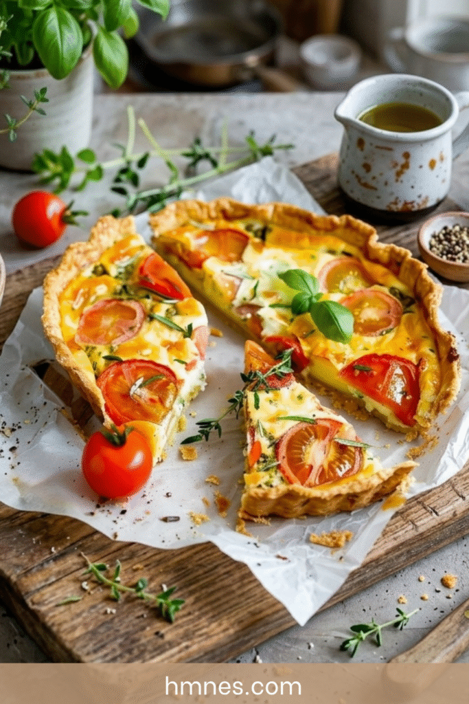 Quiche tomate moutarde dorée au four avec tomates fondantes, pâte brisée et fromage râpé