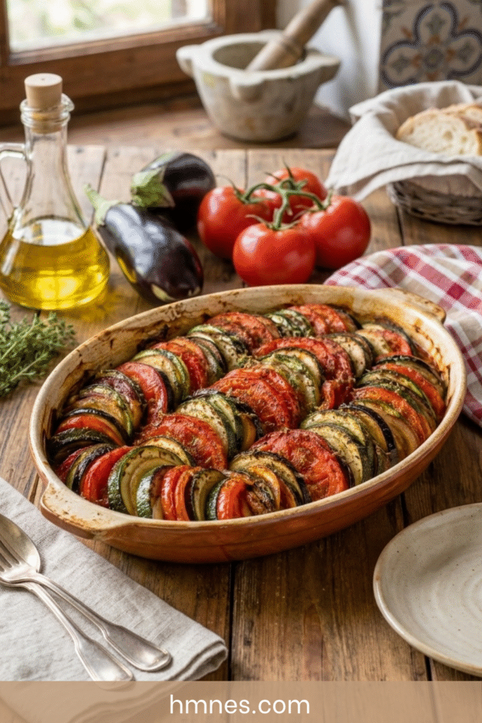 Tian provençal avec courgettes, tomates, aubergines, huile d’olive et herbes de Provence dans un plat rustique