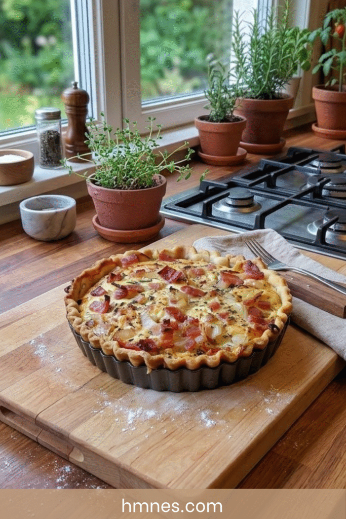 Quiche oignons lardons économique dorée au four avec pâte brisée, appareil fondant au lait et fromage râpé