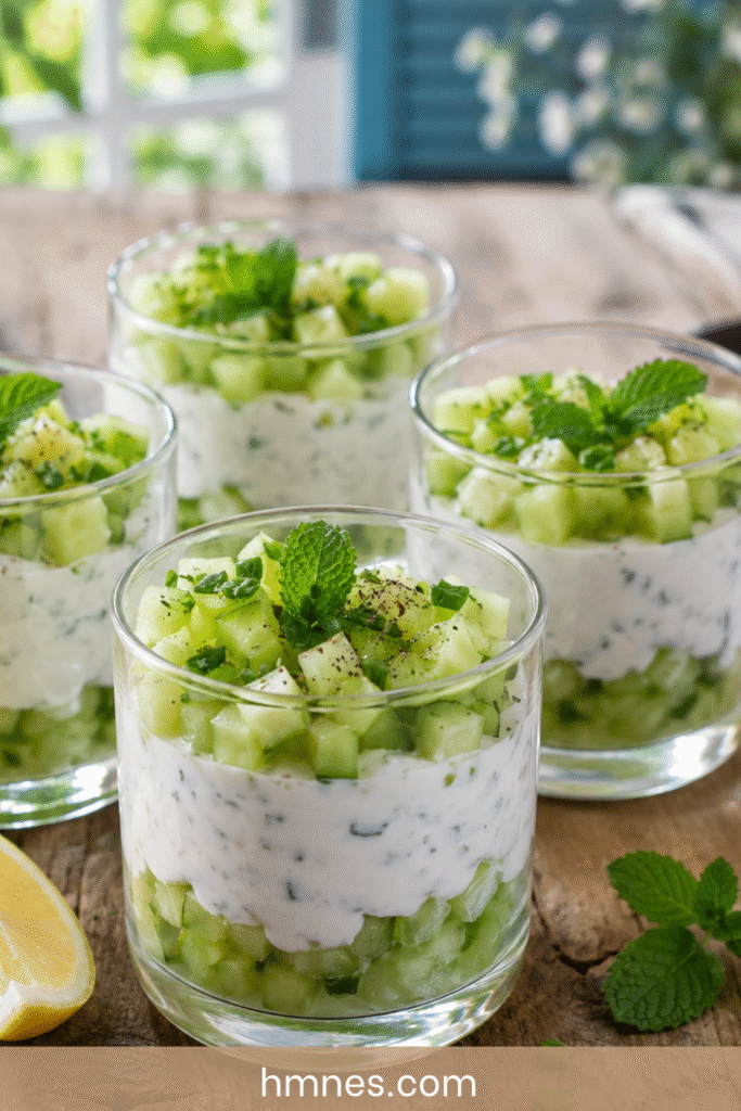 Verrine concombre menthe avec fromage frais, citron, ciboulette et dés de concombre frais
