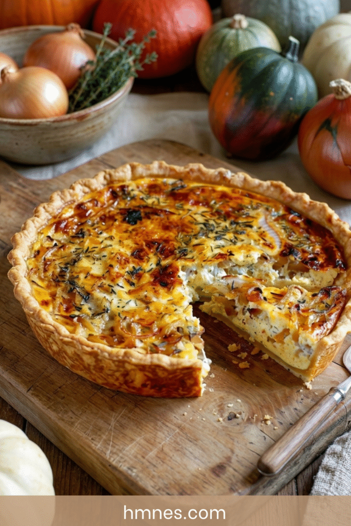 Quiche à l’oignon économique dorée au four avec pâte brisée, oignons fondants, œufs, lait et herbes