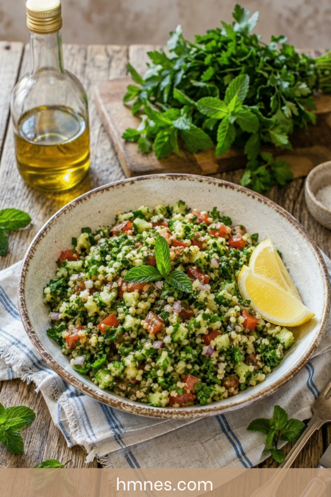 Taboulé maison avec semoule, tomates, concombre, menthe fraîche, persil, citron et huile d’olive