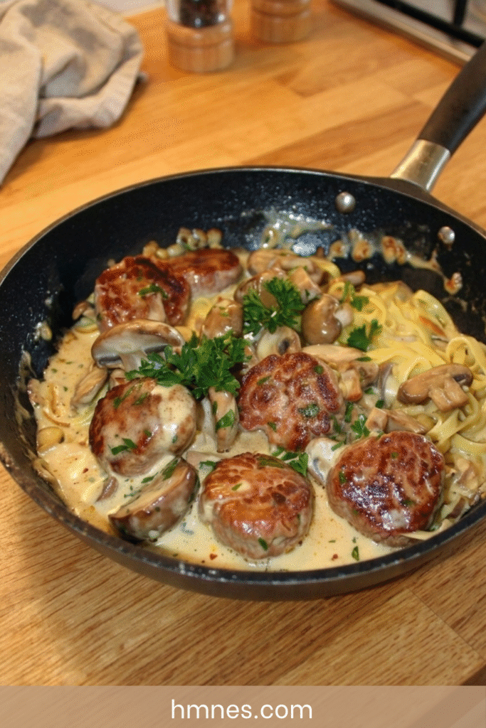 Andouillette aux champignons crémeuse avec sauce à la crème, persil frais et champignons de Paris