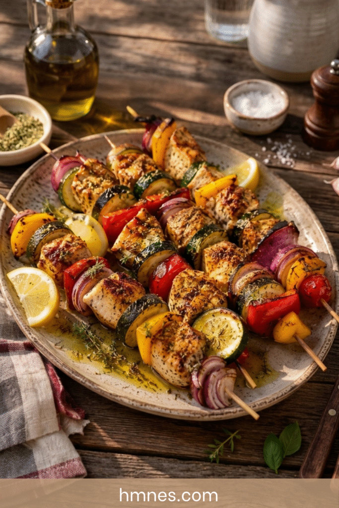 Brochettes poulet citron aux herbes avec courgettes, poivrons, oignons rouges et quartiers de citron