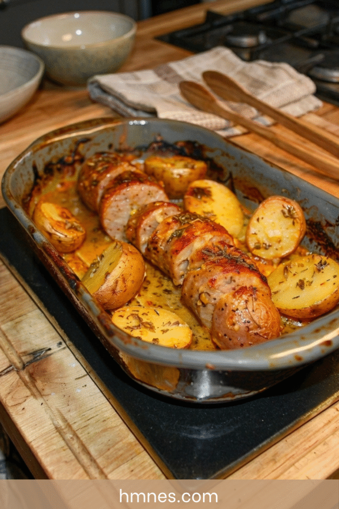 Andouillette au four avec pommes de terre dorées, ail, huile d’olive et herbes de Provence