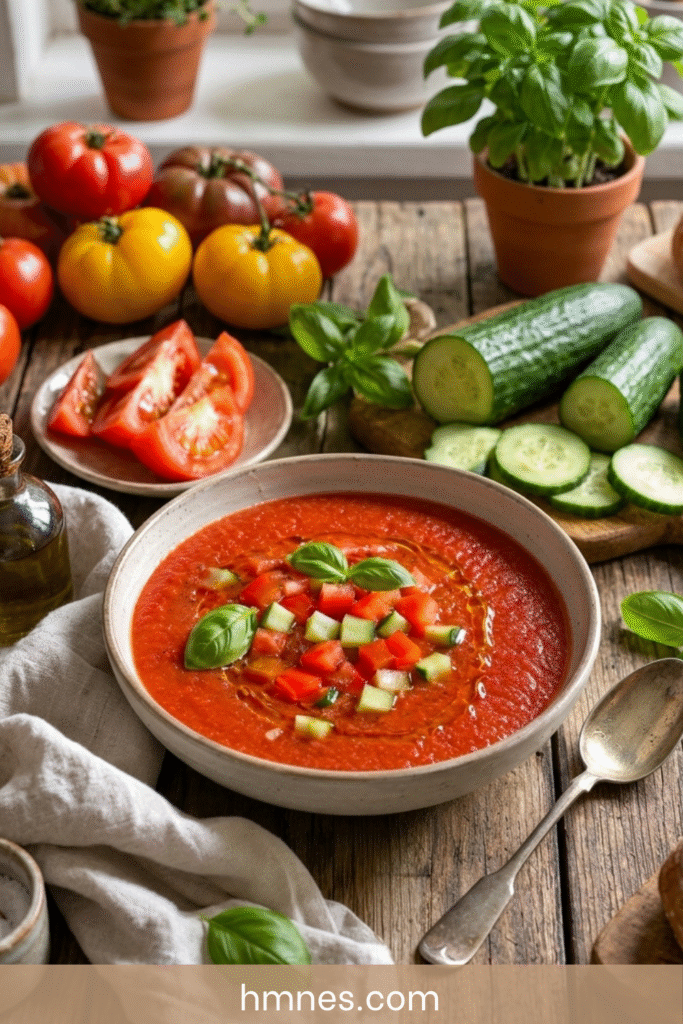 Gaspacho tomate poivron concombre servi froid avec basilic frais, huile d’olive et petits dés de légumes croquants