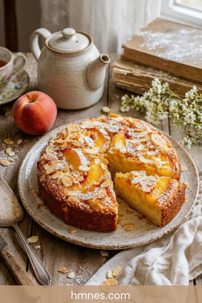 Gâteau pêches amandes moelleux avec tranches de pêches fraîches, amandes effilées dorées et sucre glace