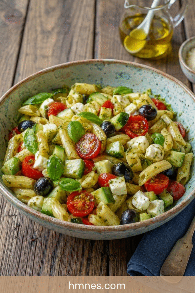 Salade de pâtes méditerranéenne avec tomates cerises, mozzarella, olives, concombre, basilic et pesto