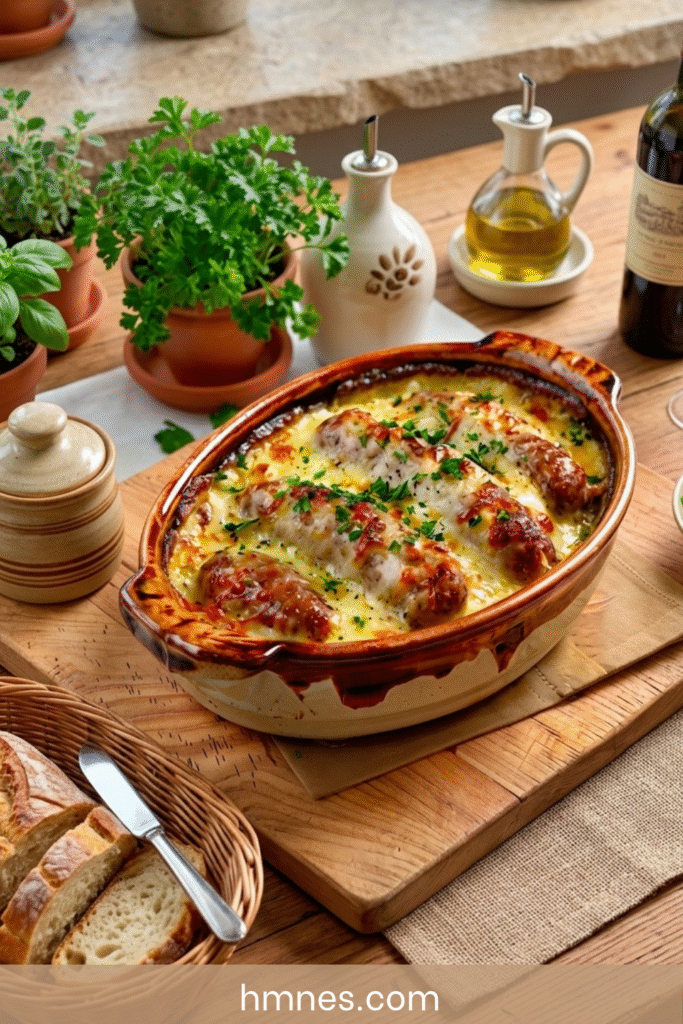 Andouillette gratinée au four avec crème fraîche, moutarde, fromage râpé doré et persil frais