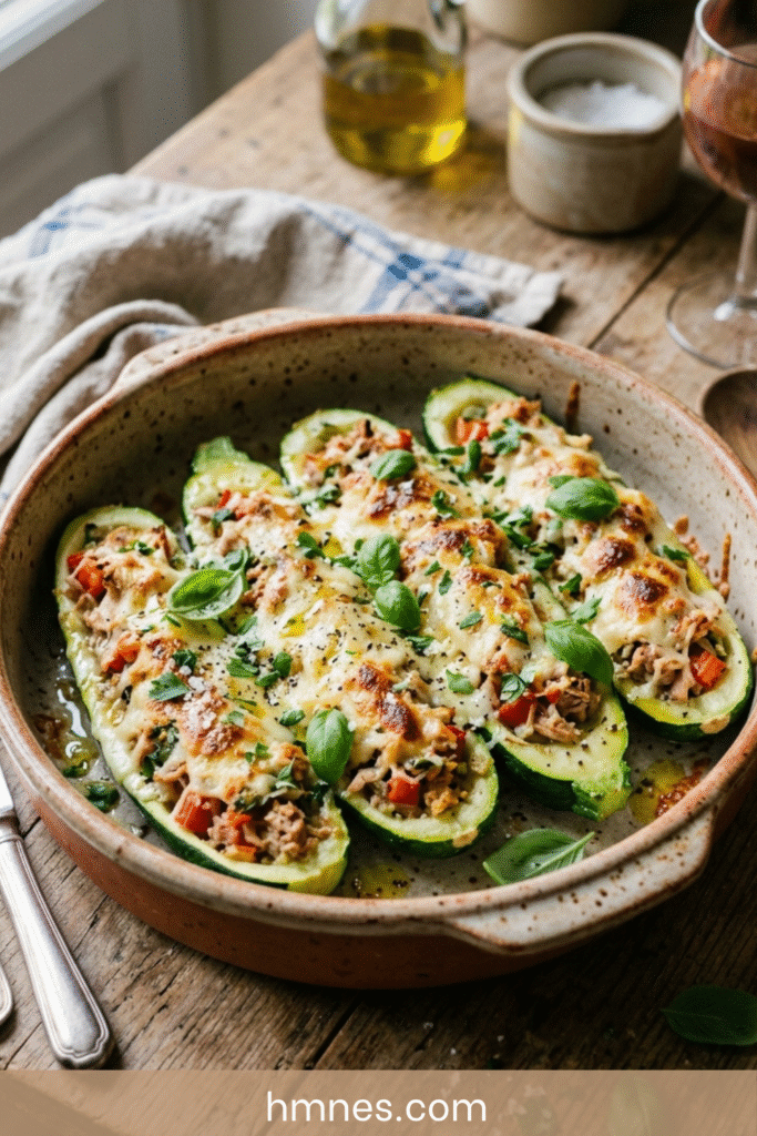 Courgettes farcies au thon gratinées avec tomate, fromage fondu, herbes fraîches et plat rustique