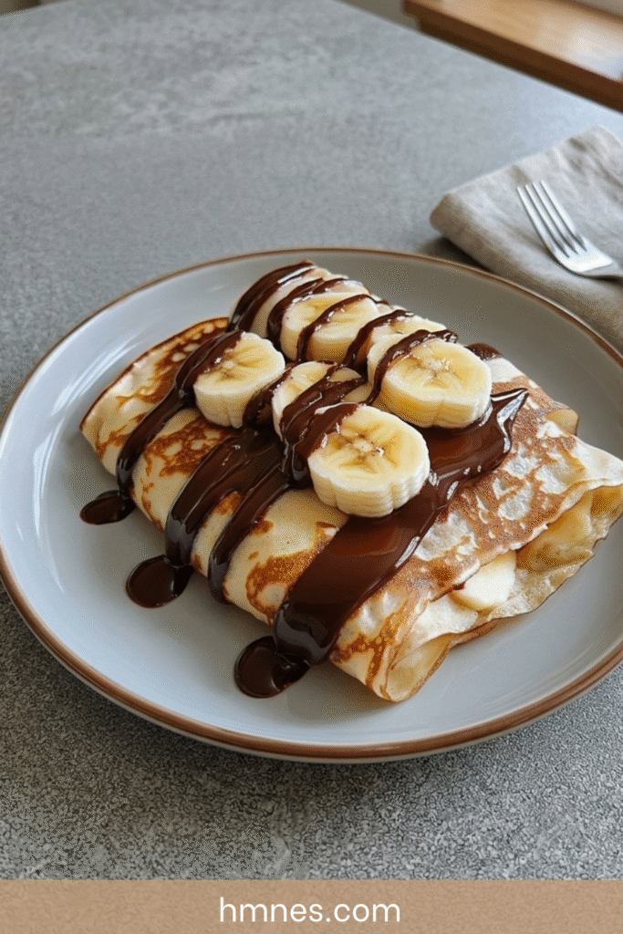 Crêpes banane chocolat pliées en triangle avec rondelles de banane, sauce chocolat fondante et sucre glace