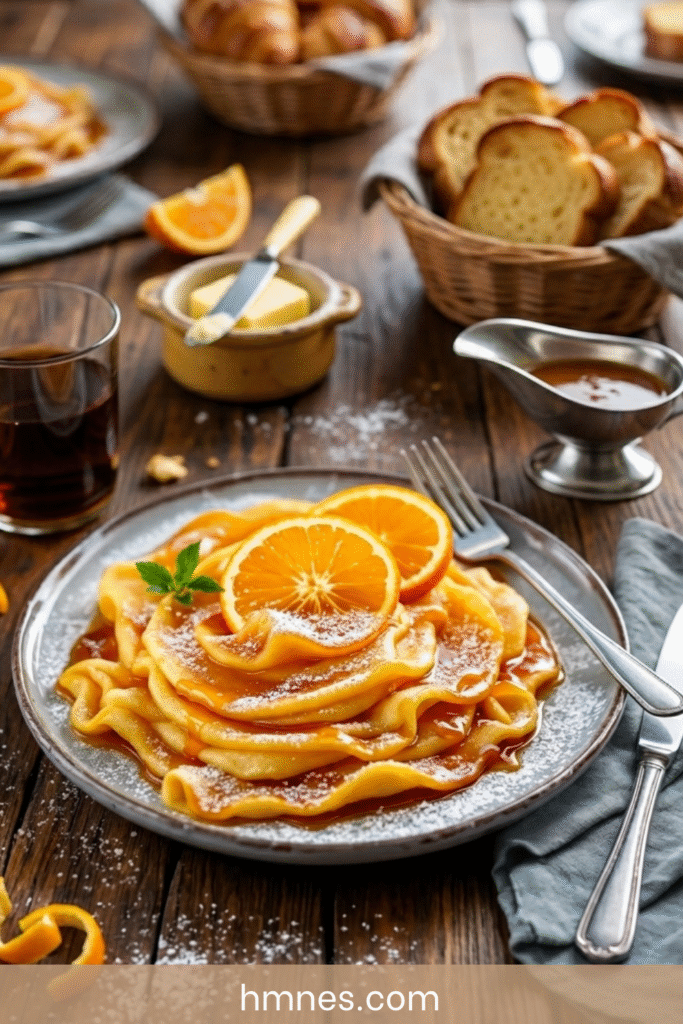 Crêpes Suzette flambées à l’orange nappées de sauce au beurre et Grand Marnier maison