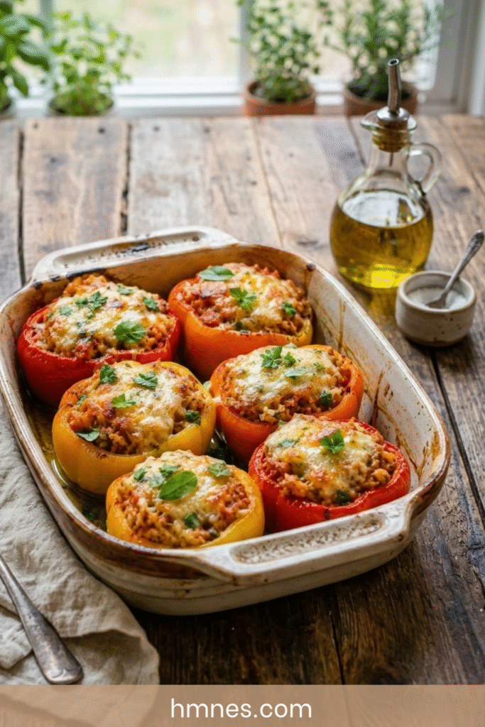 Poivrons farcis au riz tomate et fromage gratiné dans un plat rustique avec herbes fraîches