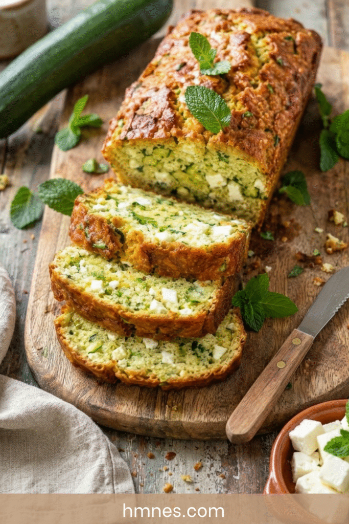 Cake salé courgette feta menthe moelleux avec morceaux de courgette, feta, herbes fraîches et tranche découpée