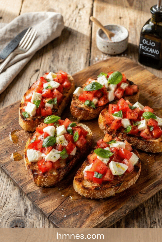 Bruschetta tomates mozzarella basilic avec pain grillé, tomates fraîches, mozzarella, basilic et filet d’huile d’olive
