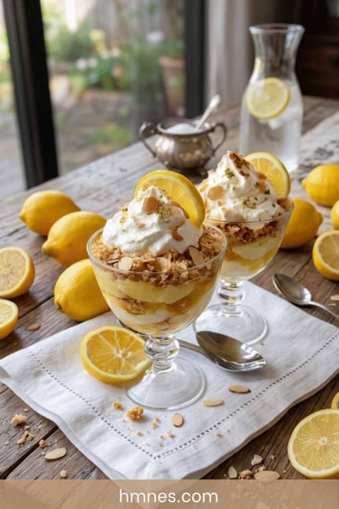 Verrine citron meringue crumble avec lemon curd, chantilly maison, biscuits sablés émiettés et meringue croquante