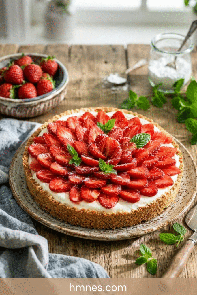 Tarte fraises mascarpone sans cuisson avec crème onctueuse, fraises fraîches et base biscuitée dorée